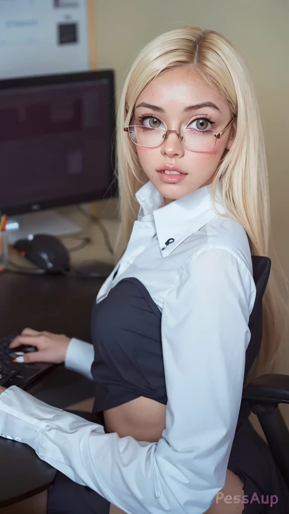 Mujer rubia with glasses sentada en un escritorio con una computadora, with glasses, hyperRealistic schoolgirl, a hyperRealistic , Realistic , nerd appearance, sat at his desk, Portrait of Nicole Aniston, Dressed as , nerd, with glasses on, thick glasses, cyber school girl, Kerli Koiv as anime girl, large glasses