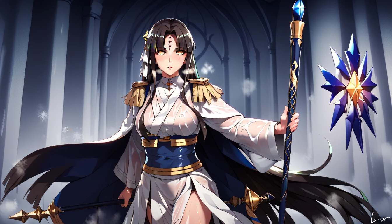 score_9, score_8_up, score_7_up, score_6_up, uncensored, Michiko_Tanaka, absurdly long hair, golden eyes, black hair, very long hair, parted bangs, forehead mark, lips, shiny skin, sweating, wet, wet hair, steaming body, heavy breathing, BREAK (masterpiece:1.2), best quality, high resolution, unity 8k wallpaper, (illustration:0.8), (detailed eyes:1.6), perfect lighting, extremely detailed CG, (perfect hands, perfect anatomy), 3d, 1girl, breasts, staff, holding, holding_staff, snowflakes, snowy, cinematic,