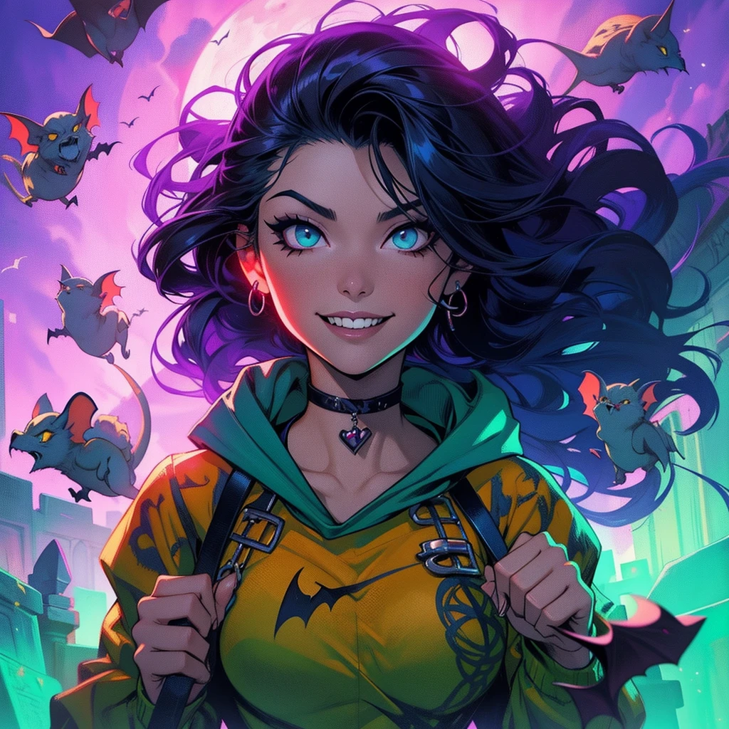 a woman sitting on a ledge in front of a full moon, heavy metal comic cover art, goth girl, sexy :8, attractive character, on amino, bats flying over tombstones, nico robin, horror smile, spike collar, beautiful fantasy painting, cruel korean goth girl, sultry and beckoning, pfp