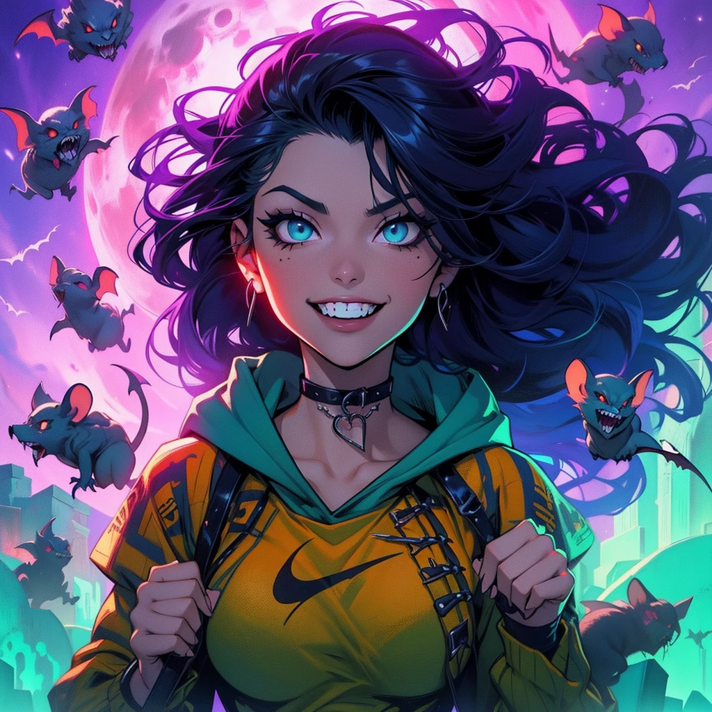 a woman sitting on a ledge in front of a full moon, heavy metal comic cover art, goth girl, sexy :8, attractive character, on amino, bats flying over tombstones, nico robin, horror smile, spike collar, beautiful fantasy painting, cruel korean goth girl, sultry and beckoning, pfp
