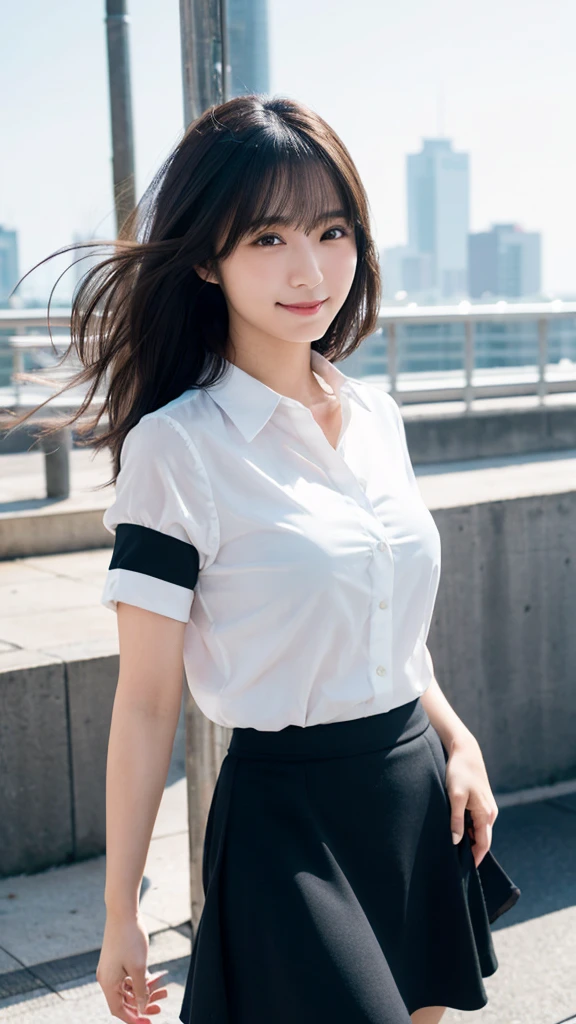 (Highest quality,masterpiece:1.3,Ultra-high resolution),(Very detailed,Caustics,8K),(Realistic:1.4,RAW shooting),(Shrapnel),smile、Japanese,23 years old,cute,Are standing,(smileでカメラを見ている),Black hair medium hair,Big Breasts,No underwear、Nipples are visible、White blouse,Knee-length skirt,Strong winds,Hair blowing in the wind,rooftop,Backlight,Waist up shot,Face Focus,Face close-up,Natural light