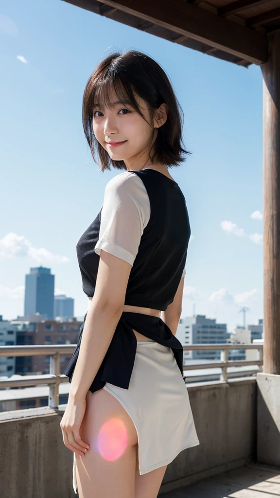 (Highest quality,masterpiece:1.3,Ultra-high resolution),(Very detailed,Caustics,8K),(Realistic:1.4,RAW shooting),(Shrapnel),smile、Japanese,23 years old,cute,Are standing,(smileでカメラを見ている),Black hair medium hair,Big Breasts,No underwear、Nipples are visible、White blouse,Knee-length skirt,Strong winds,Hair blowing in the wind,rooftop,Backlight,Waist up shot,Face Focus,Face close-up,Natural light