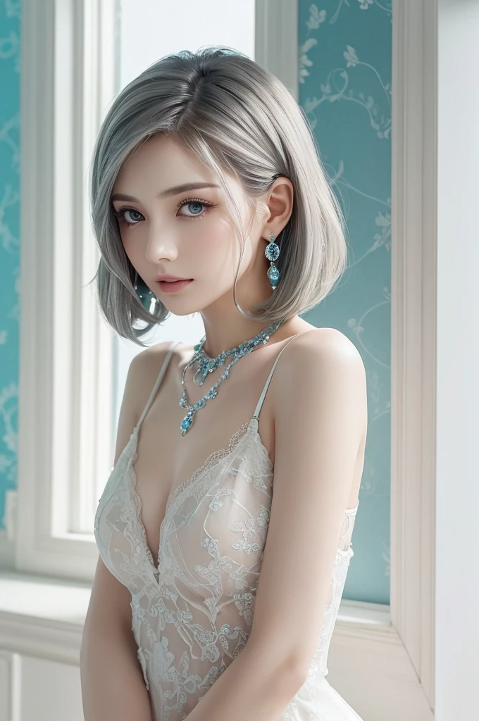 blue lace thong&Good, (((Very elegant and beautiful, Perfect detail, Super detailed))), whole body, The most detailed girl, Depth of written boundary, 美しく詳細なwhole body, Thin legs, 1 girl, 30 years old, Very short hair, Spiked Hair, Gray and silver hair, Beautiful detailed hair, Perfect Face, Expressionless, Beautifully detailed deep eyes, Open your mouth a little, Delicate arms and hands, Pale skin, Earrings, Beautiful and gorgeous necklace, Colorful background, HD background, Blurred Background, Very delicate and beautiful, Masterpiece, (((Highest quality, Very beautiful 8K CG wallpaper))), (((Trendy hairstyles))), (Inside the room,Stylish interior,window),