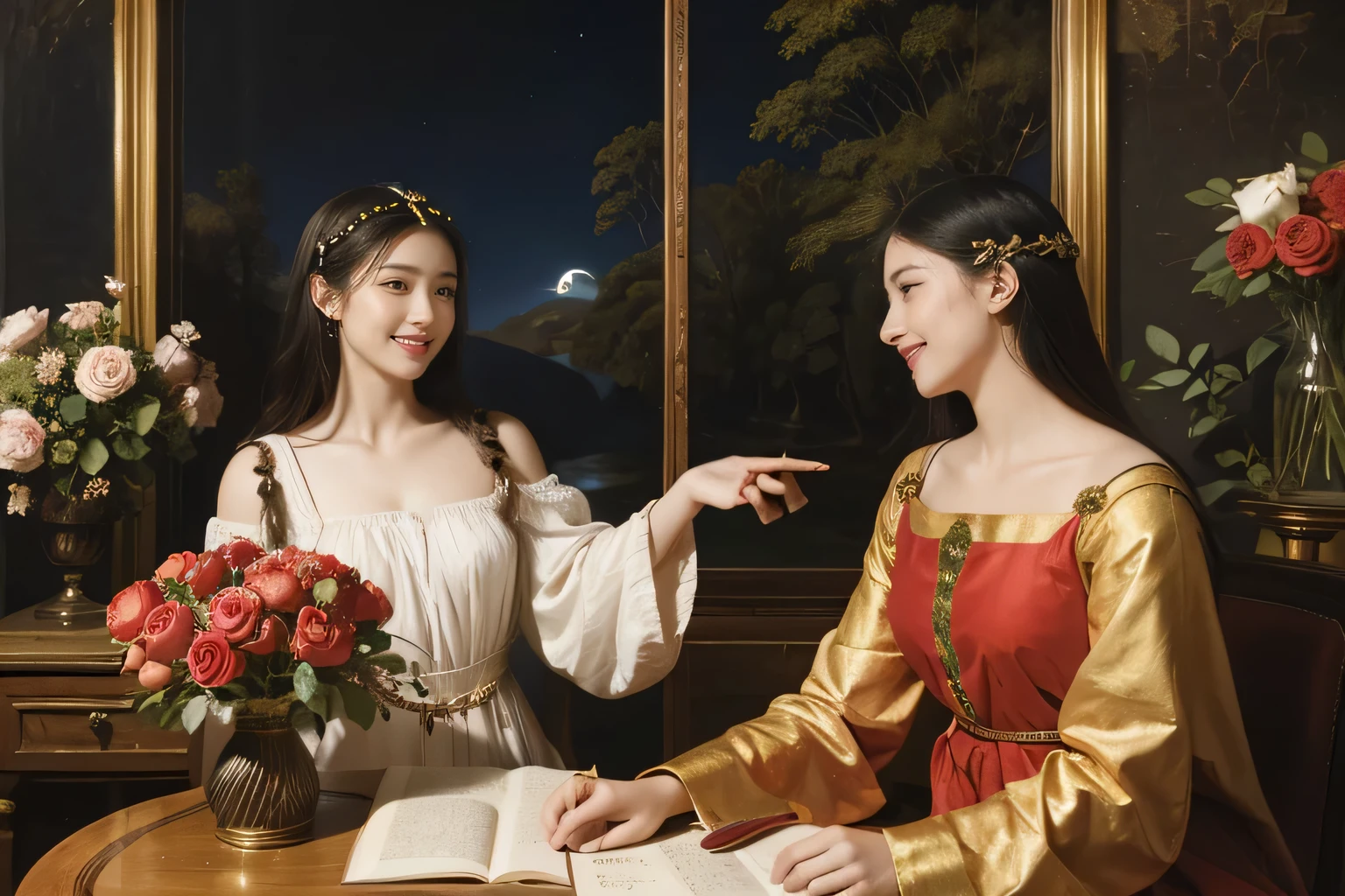 Giorgione painting style,Arguments of two female Philosophe,math、astronomical machine、astronaut、roses in vase、fruits、Cute trinkets、smile、ancient greek costume、Background is a forest lake at night 、Clothes that stretch your shoulders、A big smile