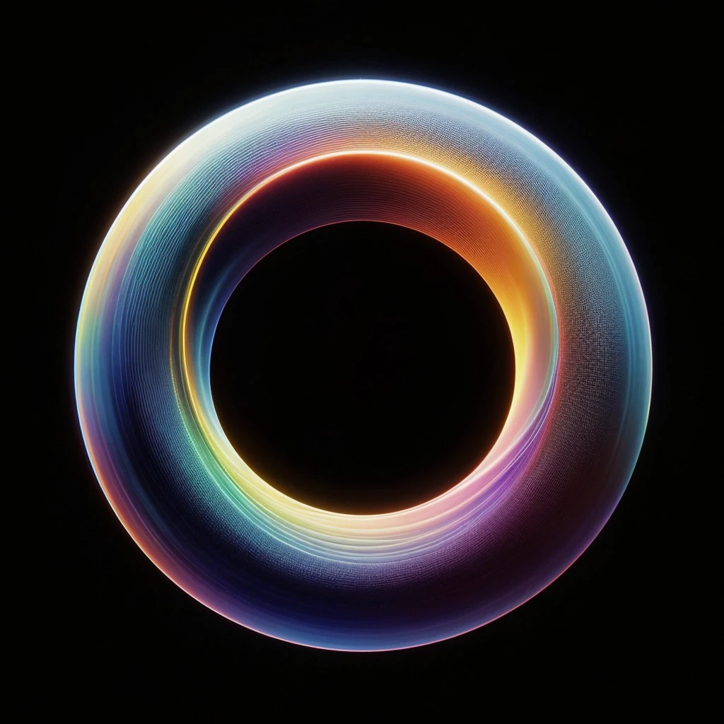 Very real image from the front, A circle, ring, smooth and translucent with the colors of the rainbow, highlighting the yellow color. Black background. Photorealism, full view, highly detailed image, very realistic, hyperrealism, Ultra HD, 8k, 5, sharp focus, intricate and mysterious masterpiece. (Long exposure photography Very detailed close-up portrait artistic illustration: final quality, medium shot, backlight, Rich and striking. Enigmatic and mysterious manipulations (composition of the rule of thirds), ((detailed environment with strong lines) The best quality, in camera, white light, warm and clean aesthetics, dazzling screen composed of millions of brilliant ultraviolet rays, HDR.