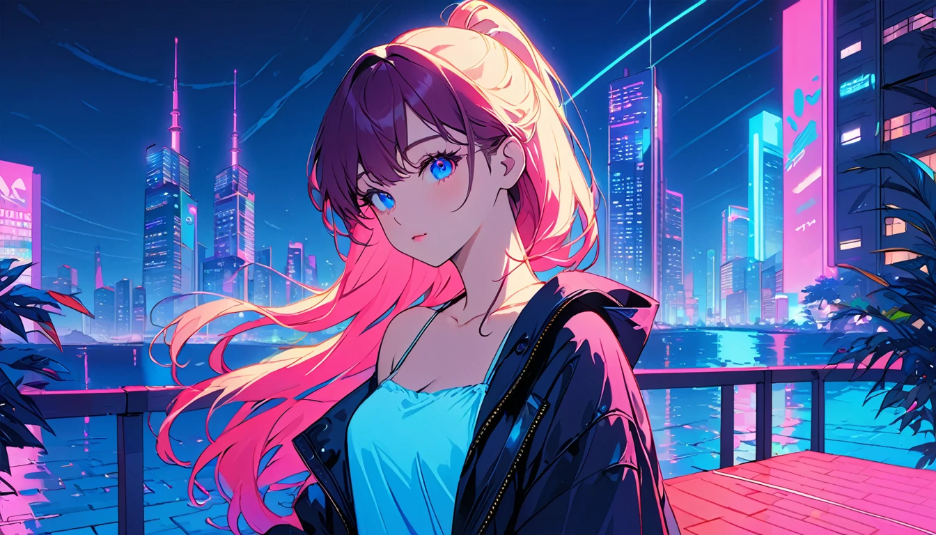 masterpiece,Highest quality,1 Synthwave girl,Blue outline,Neon cityscape,Blue fluorescent paint,solo,From below,Cowboy Shot,Rooftop of a building,Highly detailed CG,Flat Color,Limited palette,Line art,silhouette,Partially colored,Alternate Color,Dynamic Angle,Water hair long hair、Blue long upper champagne,Dark purple shadow,Synth Wave,chromatic aberration,(soloフォーカス)、Perfect Shadow、Wearing an off-the-shoulder floating jacket、Delicate face、、Beautiful and delicate eyes、Delicate background、Blue Neon Light、night、