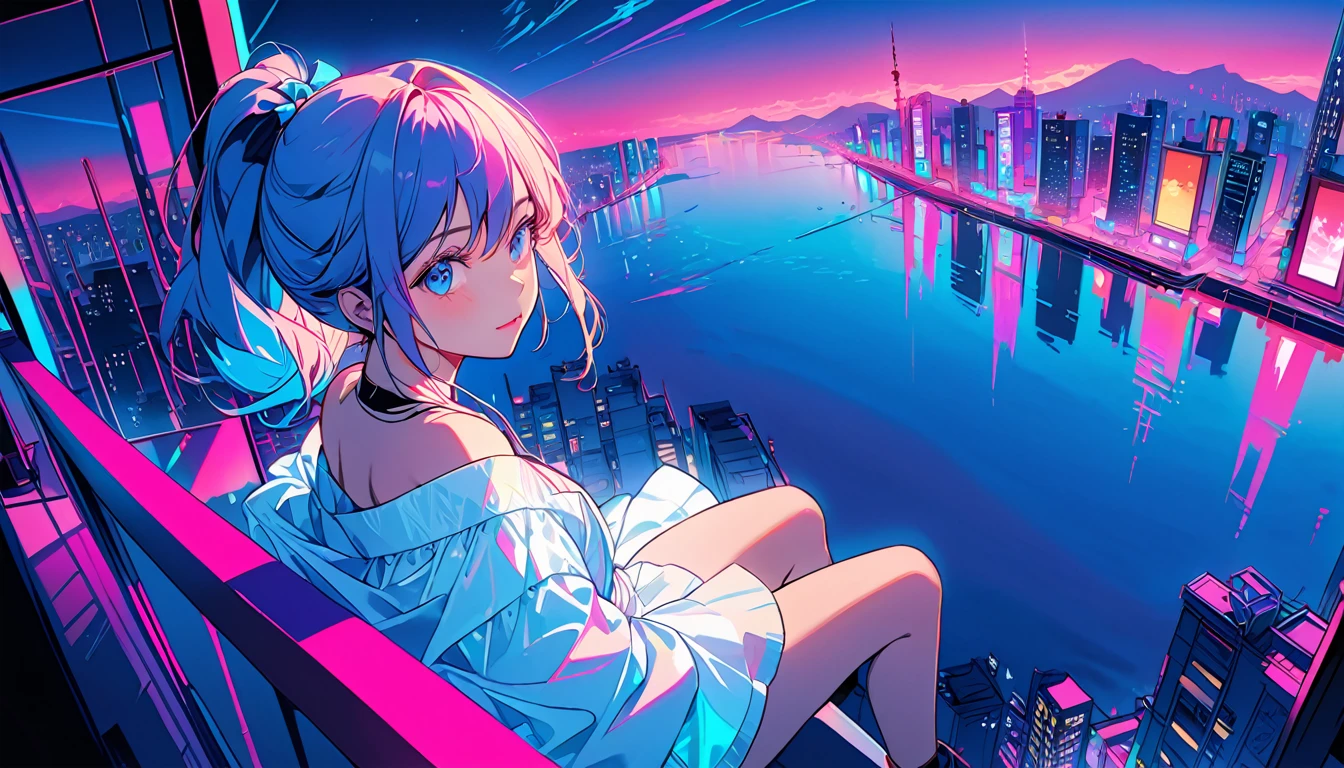 masterpiece,Highest quality,1 Synthwave girl,Blue outline,Neon cityscape,Blue fluorescent paint,solo,From below,Cowboy Shot,Rooftop of a building,Highly detailed CG,Flat Color,Limited palette,Line art,silhouette,Partially colored,Alternate Color,Dynamic Angle,Water hair long hair、Blue long upper champagne,Dark purple shadow,Synth Wave,chromatic aberration,(soloフォーカス)、Perfect Shadow、Wearing an off-the-shoulder floating jacket、Delicate face、、Beautiful and delicate eyes、Delicate background、Blue Neon Light、night、