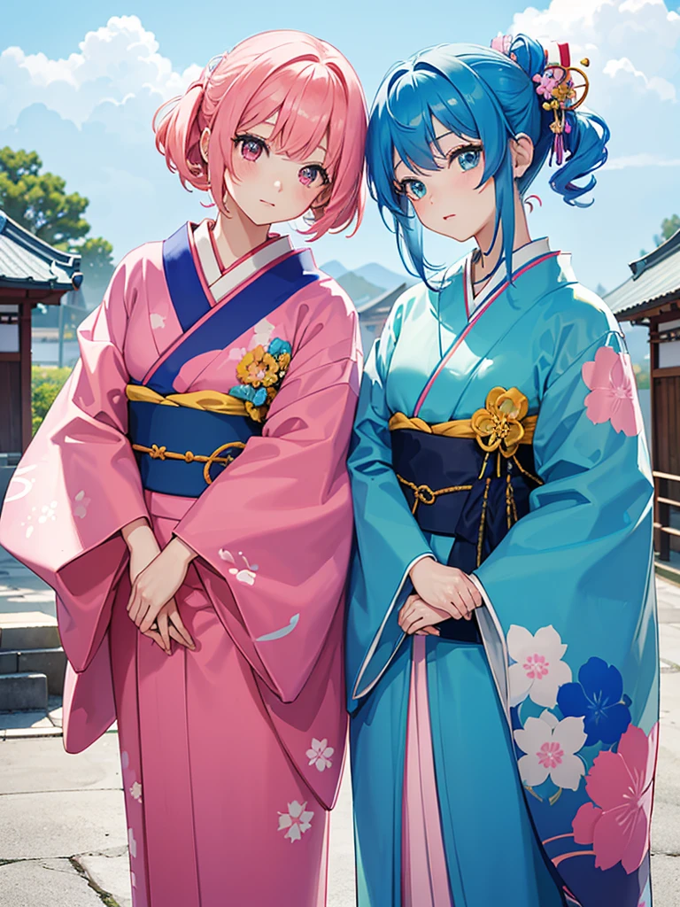 (masterpiece 1:1),(ultra hd picture), (pastel color palette), ((girl 1/girl 2) two Twin anime girls Short hair with different hair colors wearing japanese kimono with different color holding hands each other Love each other pose side by side), (girl 1 hair color pink mix with sky blue, primary hair color:pink, secondary hair color: sky blue, secondary hair color is a accent) ,(girl 1 kimono color blue with yellow accent).(Blue sky pastel hair girl)(girl 2 hair color sky blue mix with pink, primary hair color:sky blue, secondary hair color: pink, secondary hair color is a accent ),(girl 2 kimono color pink with yellow accent). Glowing eyes, HD results, best picture, cinematic angle, lovely expression, cute faces, Detail eyes, (4 fingers), Japan idols stages background.