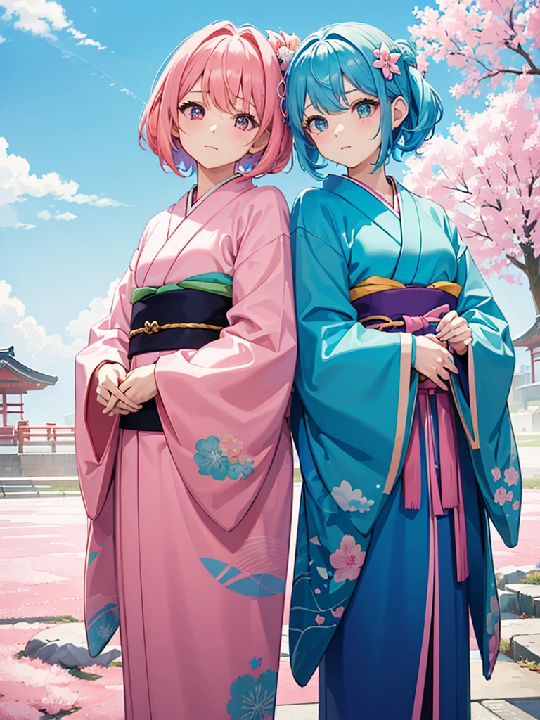(masterpiece 1:1),(ultra hd picture), (pastel color palette), ((girl 1/girl 2) two Twin anime girls Short hair with different hair colors wearing japanese kimono with different color holding hands each other Love each other pose side by side), (girl 1 hair color pink mix with sky blue, primary hair color:pink, secondary hair color: sky blue, secondary hair color is a accent) ,(girl 1 kimono color blue with yellow accent).(Blue sky pastel hair girl)(girl 2 hair color sky blue mix with pink, primary hair color:sky blue, secondary hair color: pink, secondary hair color is a accent ),(girl 2 kimono color pink with yellow accent). Glowing eyes, HD results, best picture, cinematic angle, lovely expression, cute faces, Detail eyes, (4 fingers), Japan idols stages background.