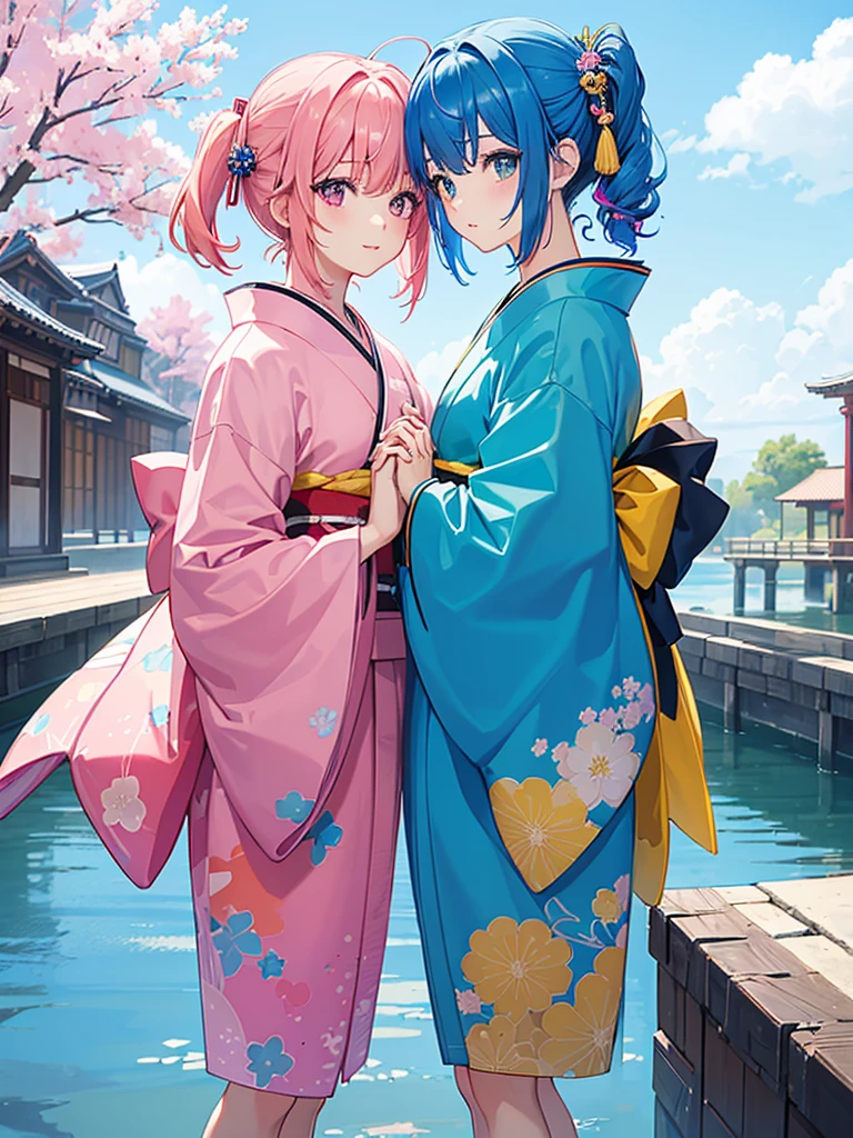 (masterpiece 1:1),(ultra hd picture), (pastel color palette), ((girl 1/girl 2) two Twin anime girls Short hair with different hair colors wearing japanese kimono with different color holding hands each other Love each other pose side by side), (girl 1 hair color pink mix with sky blue, primary hair color:pink, secondary hair color: sky blue, secondary hair color is a accent) ,(girl 1 kimono color blue with yellow accent).(Blue sky pastel hair girl)(girl 2 hair color sky blue mix with pink, primary hair color:sky blue, secondary hair color: pink, secondary hair color is a accent ),(girl 2 kimono color pink with yellow accent). Glowing eyes, HD results, best picture, cinematic angle, lovely expression, cute faces, Detail eyes, (4 fingers), Japan idols stages background.