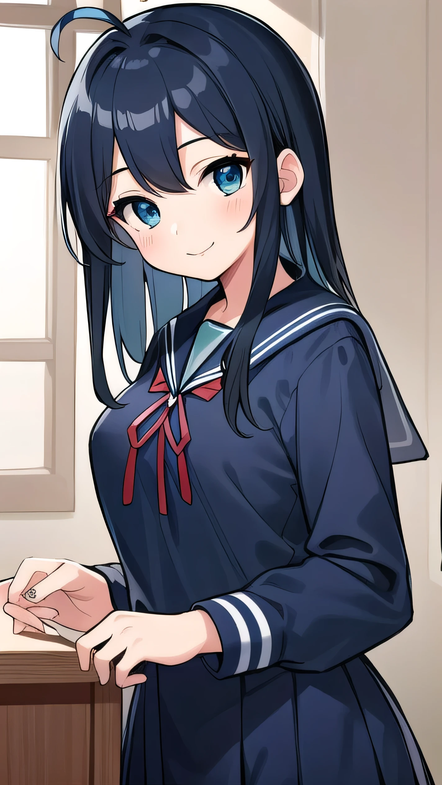 Junior high school student who looks like an elementary school student, 14 years old, very short, 140 cm tall, black hair with a slight green tinge, short ahoge, beautiful long hair but with a little hair sticking out, beautiful round eyes, blue eyes, smile, boyish, big breasts,  long hair, childish face, gentle smile, a little shy, black hair with a slight green tinge, boyish, gentle smile, jacket one size larger, ( Deep greenish black hair: 1.3), (Navy blue sailor uniform:1.7), long sleeves, red ribbon, navy blue skirt, 