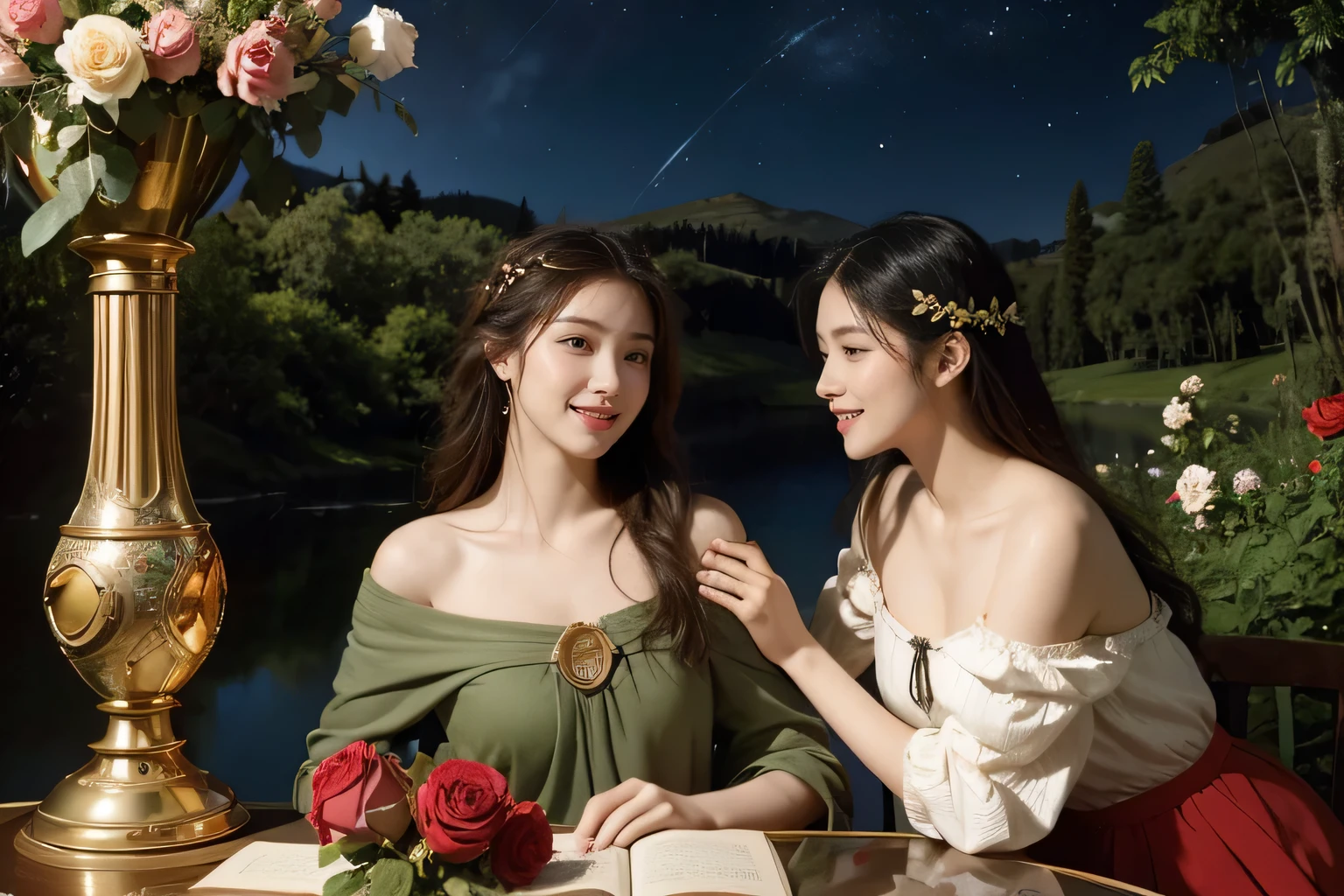 Giorgione painting style,Arguments of two female Philosophe,math、astronomical machine、astronaut、roses in vase、fruits、Cute trinkets、smile、ancient greek costume、Background is a forest lake at night 、Clothes that stretch your shoulders、A big smile