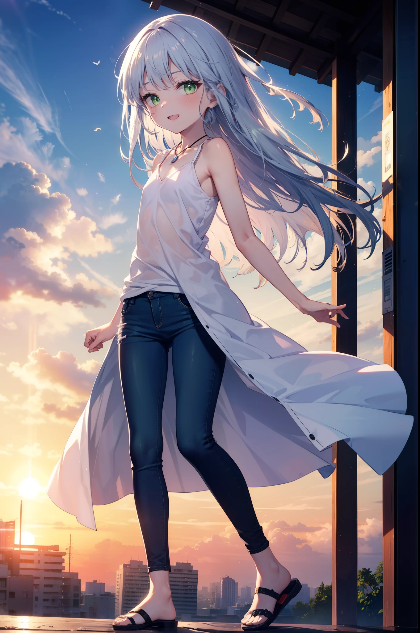index, index, (Green Eyes:1.5), Silver Hair, Long Hair, (Flat Chest:1.2)happy smile, smile, Open your mouth,V-neck tank top,Skinny jeans,Cute Sandals,Rocket Pendant,walking,sunset,evening,The sun goes down,whole bodyがイラストに入るように,
break looking at viewer, whole body,
break outdoors, Area,
break (masterpiece:1.2), Highest quality, High resolution, unity 8k wallpaper, (shape:0.8), (Beautiful attention to detail:1.6), Highly detailed face, Perfect lighting, Highly detailed CG, (Perfect hands, Perfect Anatomy),