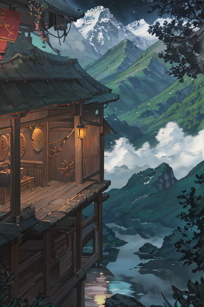 at night, Moonlit Night, Dark Sky, Ancient China, spring, Dense forest, lake, cave, waterfall, wood, grassland, rock, deer, hot spring, vapor, Small oriental building, (figure: 1.0), Story Structure, Realistic lighting, HD detailed, masterpiece, Highest quality, (8K wallpapers incorporating highly detailed CG)