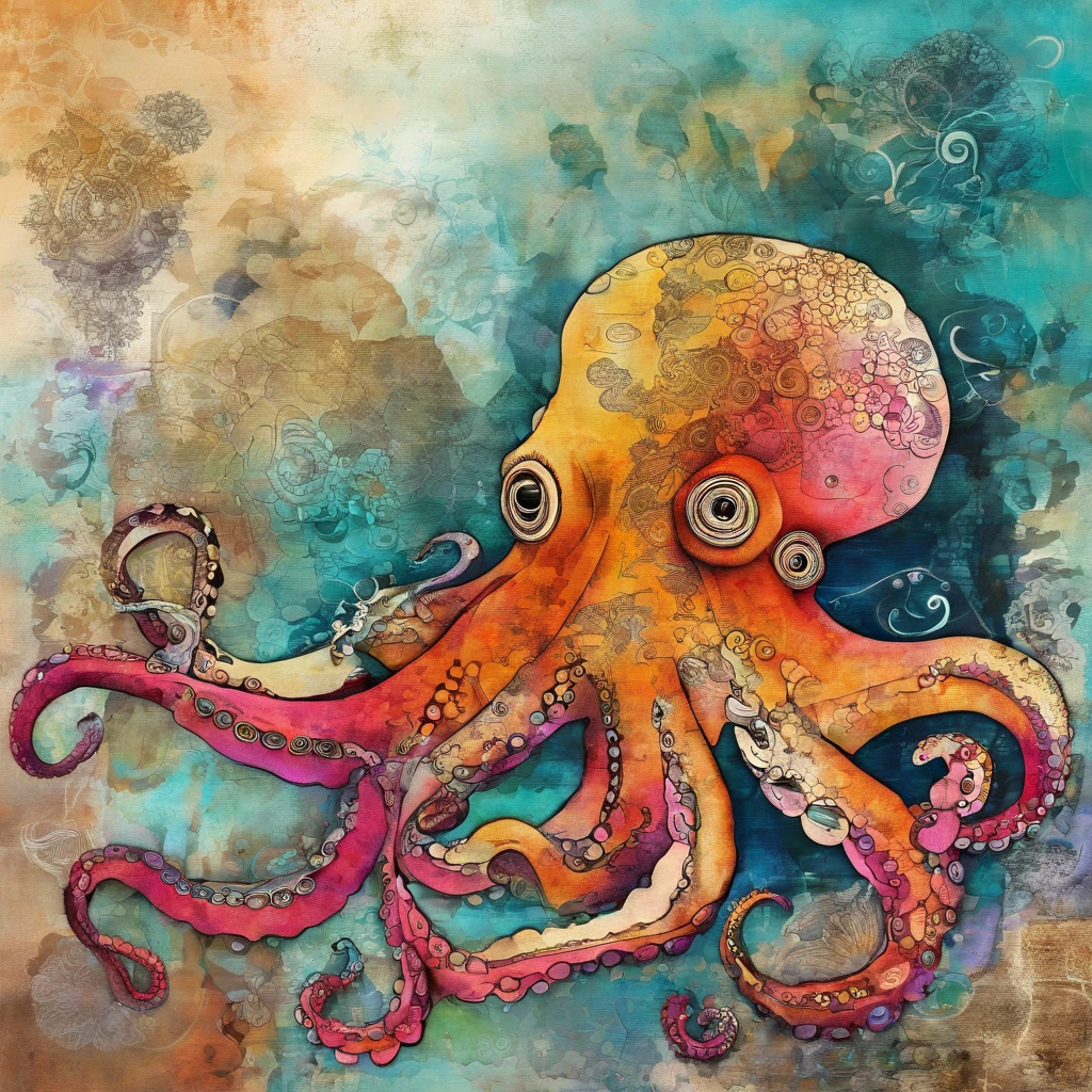 Octopus s’enfuit en répandant de l’encre, attitude méfiante, regard apeuré effrayé, , fonds oceans coraux ::2 colorfull ink painting ::2 fantastic art