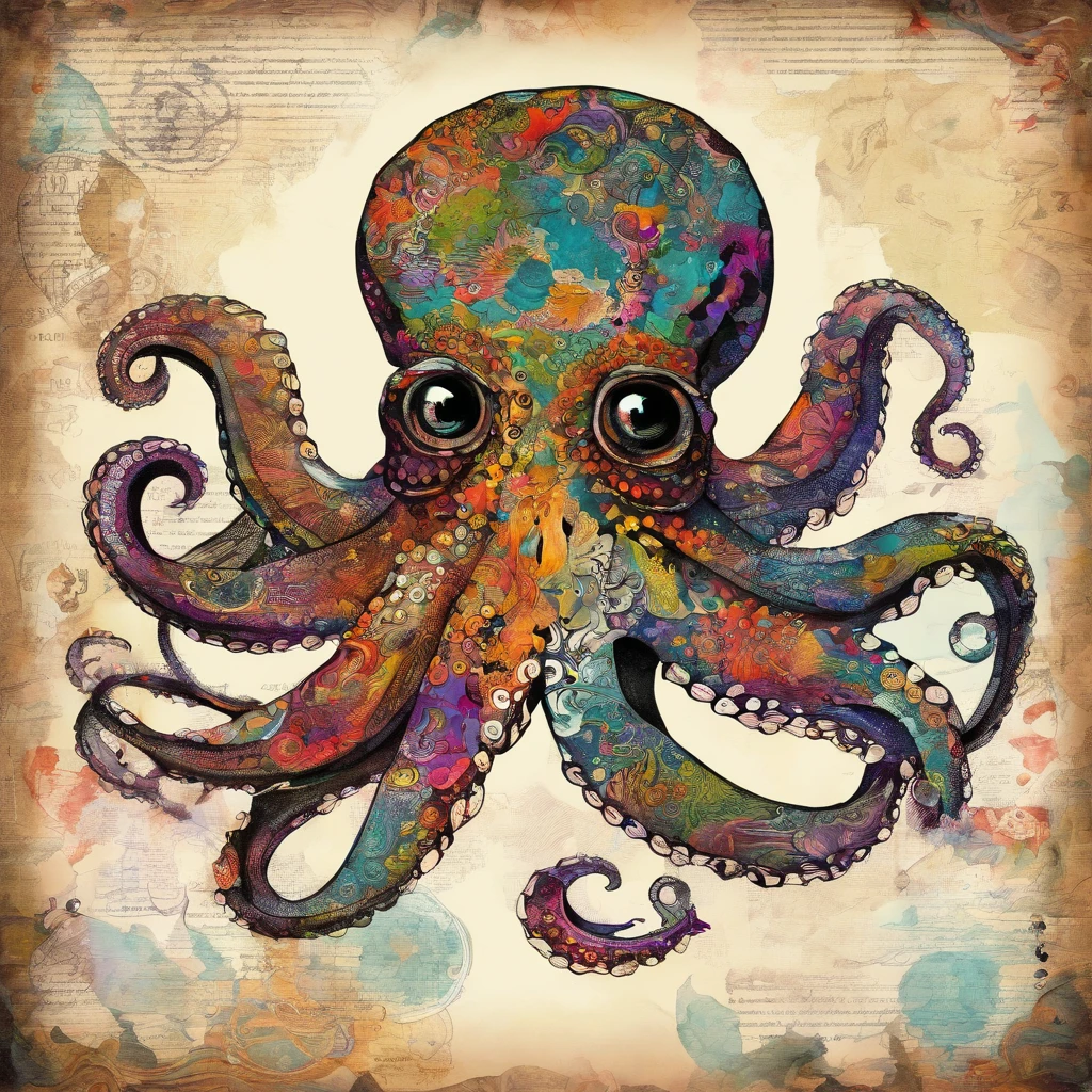 Octopus s’enfuit en répandant de l’encre, attitude méfiante, regard apeuré effrayé, , fonds oceans coraux ::2 colorfull ink painting ::2 fantastic art