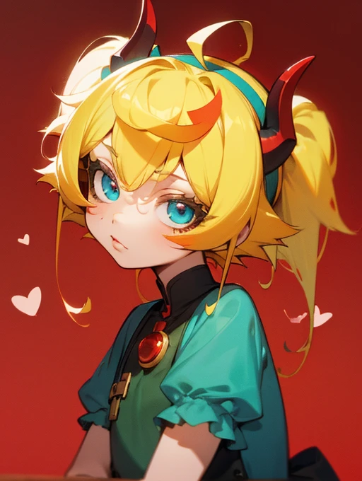 masterpiece, 1girl, avatar, cute, looking viewer, yellow hair, red hairband, red horns, detailed face, hearts on cheeks, blured background, wallpaper, ((cyan dress)), ((cute)), ((adorable))
