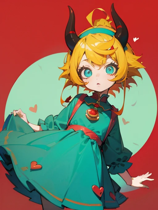 masterpiece, 1girl, avatar, cute, looking viewer, yellow hair, red hairband, red horns, detailed face, hearts on cheeks, blured background, wallpaper, ((cyan dress)), ((cute)), ((adorable))