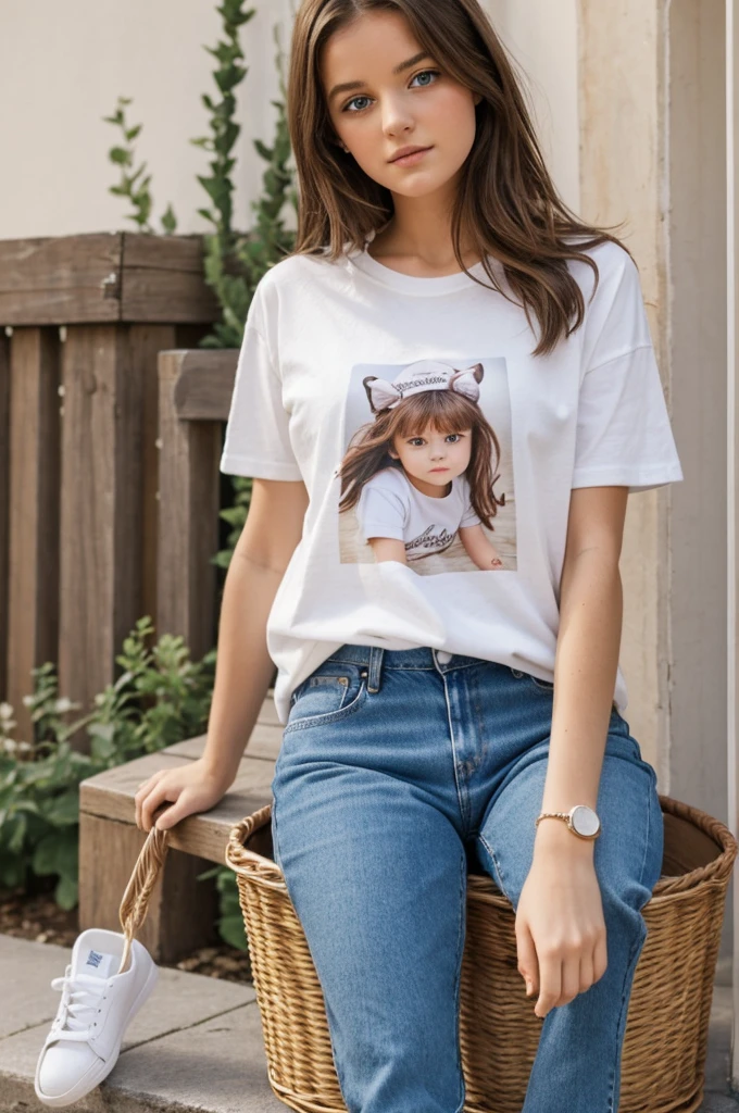 Une fille chaton très clair qui chante 
Elle a les cheveux mi longs et ils sont très ondulés elle a les yeux marrons et elle porte un tee shirt blanc assez court elle a un micro elle a un jean patte d’eph et des baskets blanche 