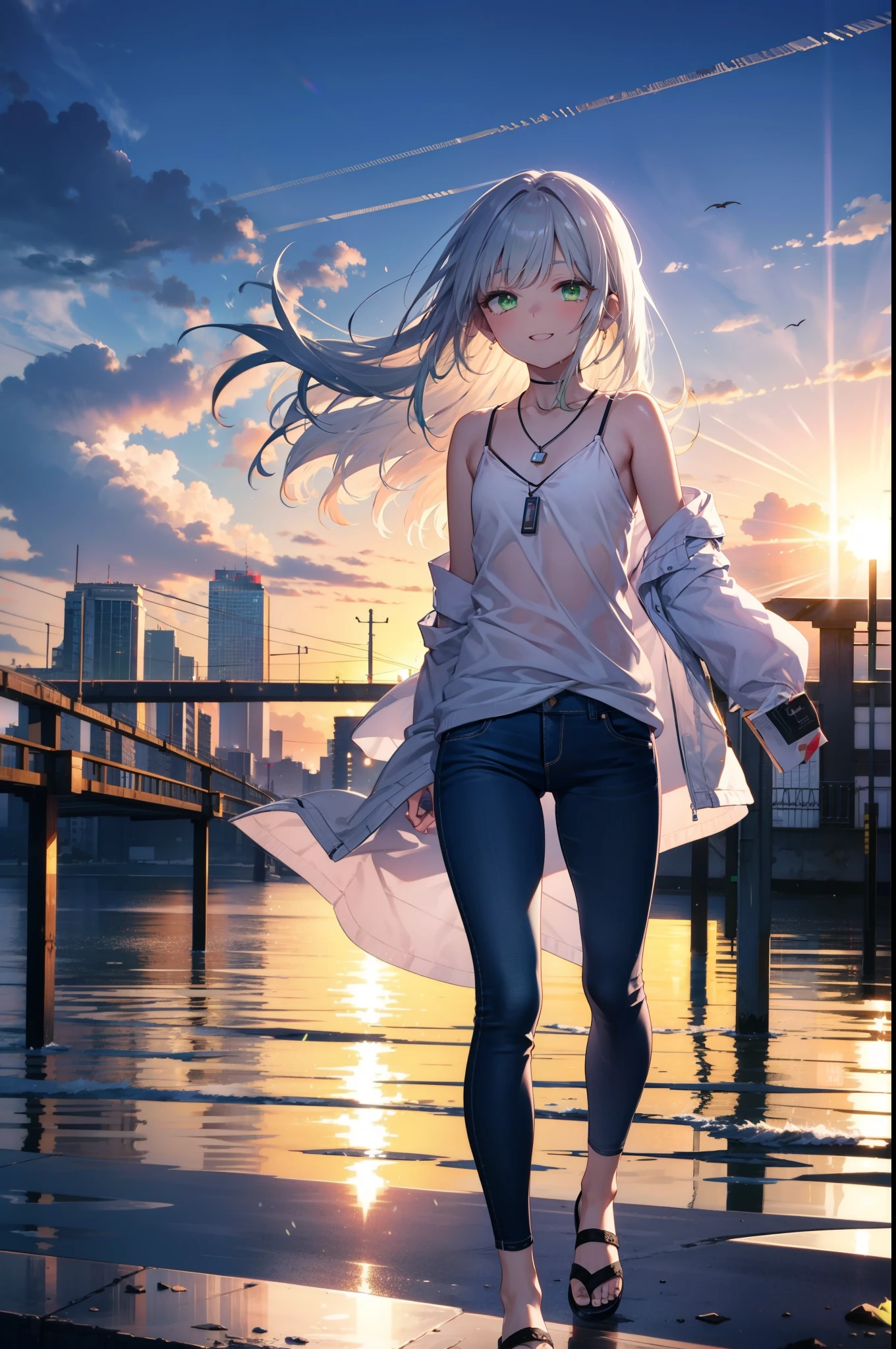 index, index, (Green Eyes:1.5), Silver Hair, Long Hair, (Flat Chest:1.2)happy smile, smile, Open your mouth,V-neck tank top,Skinny jeans,Cute Sandals,Rocket Pendant,walking,sunset,evening,The sun goes down,whole bodyがイラストに入るように,
break looking at viewer, whole body,
break outdoors, Area,
break (masterpiece:1.2), Highest quality, High resolution, unity 8k wallpaper, (shape:0.8), (Beautiful attention to detail:1.6), Highly detailed face, Perfect lighting, Highly detailed CG, (Perfect hands, Perfect Anatomy),