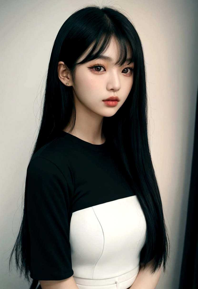 A man in a black shirt、Close-up of lady with long black hair, Ulzan, Korean Girl, She has black hair,With bangs, 2 4-year-old female model, Young and beautiful Korean woman, Weight loss photos, Beautiful Korean woman, Jisoo from Blackpink, cruel korean goth girl, Long hair, black hime cut hair, Instagram Models