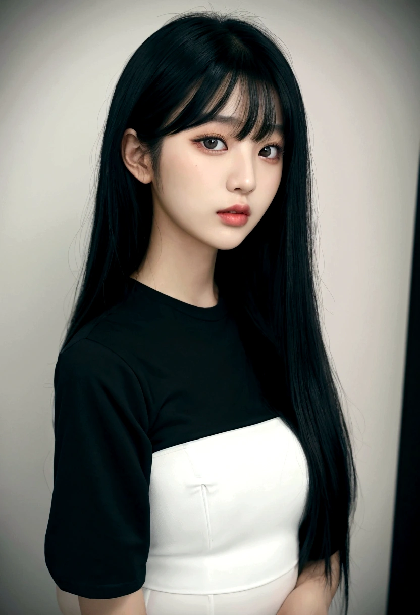 A man in a black shirt、Close-up of lady with long black hair, Ulzan, Korean Girl, She has black hair,With bangs, 2 4-year-old female model, Young and beautiful Korean woman, Weight loss photos, Beautiful Korean woman, Jisoo from Blackpink, cruel korean goth girl, Long hair, black hime cut hair, Instagram Models