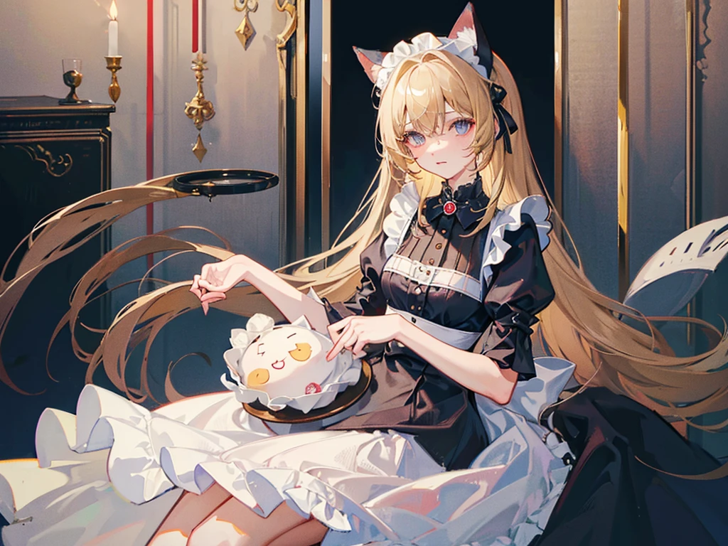 ((Highest quality)), ((masterpiece)), (Maid clothes), Long Hair，One woman, cute, Cat ear，Blonde