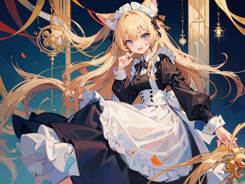 ((Highest quality)), ((masterpiece)), (Maid clothes), Long Hair,One woman, cute, Cat ear,Blonde