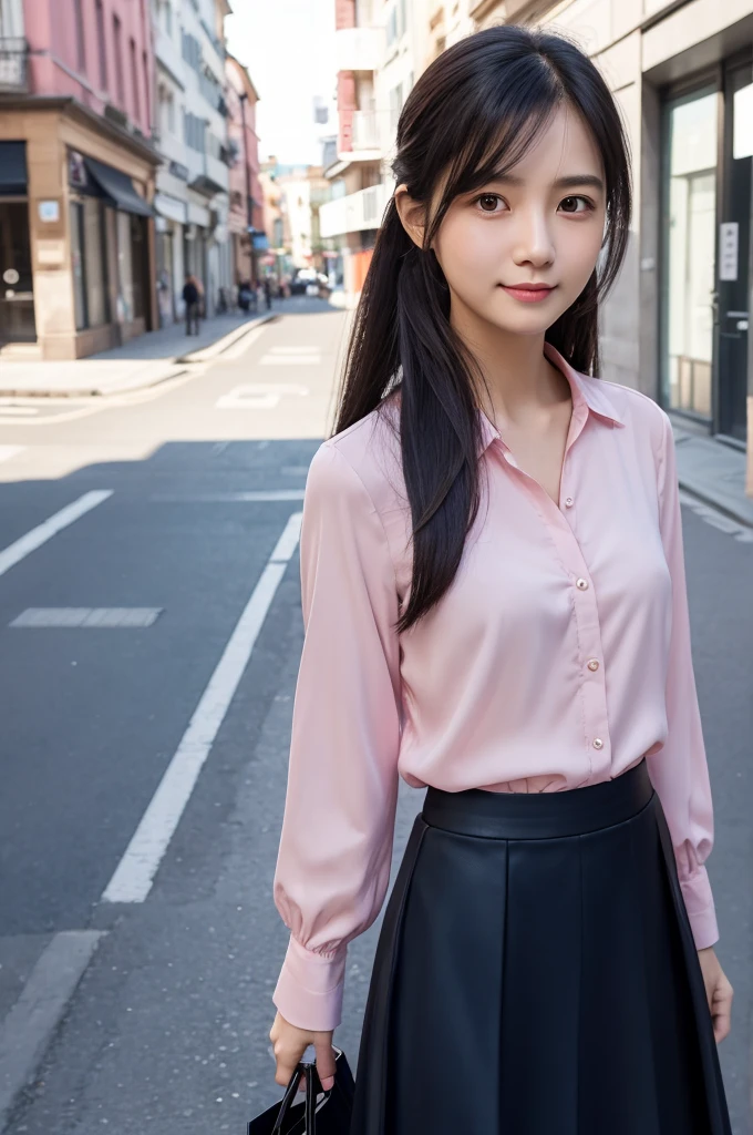 Pink blouse,Dark blue flared skirt,26 years old,OL,Black Hair,Straight Hair,ponytail,Dark Eyes,Small Face,Clean eyes,Small Mouth,slender,Young face,Lori,Flat chest,Shopping Street,live-action,Realistic photos,8K,Smile,Ultra HD,Standing posture,whole body,bag,