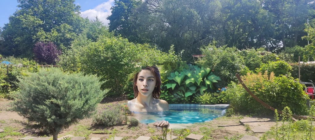 A beautiful blue swimming pool in a lush garden, 1girl swimming in the pool, beautiful detailed eyes, beautiful detailed lips, extremely detailed eyes and face, long eyelashes, swimming suit, splashing water, sunlight reflecting on the water, colorful flowers surrounding the pool, vibrant foliage, lush greenery, natural lighting, (best quality,8k,highres,masterpiece:1.2),ultra-detailed,(realistic,photorealistic,photo-realistic:1.37),HDR,UHD,studio lighting,ultra-fine art,sharp focus,physically-based rendering,extreme detail description,professional,vivid colors,landscape