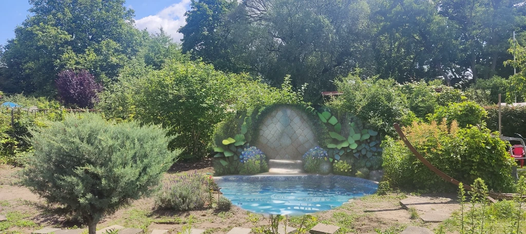 A beautiful blue swimming pool in a lush garden, 1girl swimming in the pool, beautiful detailed eyes, beautiful detailed lips, extremely detailed eyes and face, long eyelashes, swimming suit, splashing water, sunlight reflecting on the water, colorful flowers surrounding the pool, vibrant foliage, lush greenery, natural lighting, (best quality,8k,highres,masterpiece:1.2),ultra-detailed,(realistic,photorealistic,photo-realistic:1.37),HDR,UHD,studio lighting,ultra-fine art,sharp focus,physically-based rendering,extreme detail description,professional,vivid colors,landscape