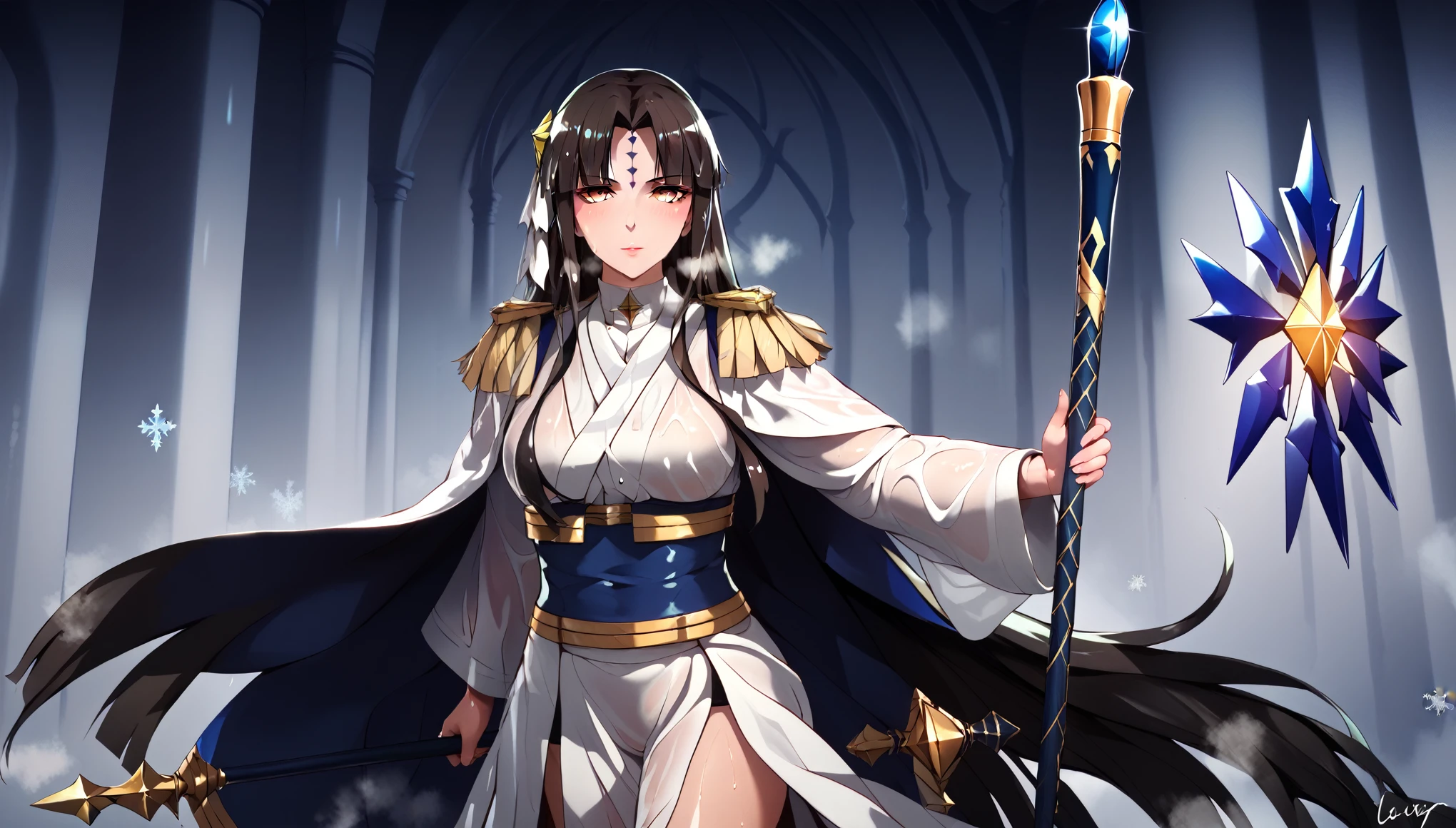 score_9, score_8_up, score_7_up, score_6_up, uncensored, Michiko_Tanaka, absurdly long hair, golden eyes, black hair, very long hair, parted bangs, forehead mark, lips, shiny skin, sweating, wet, wet hair, steaming body, heavy breathing, BREAK (masterpiece:1.2), best quality, high resolution, unity 8k wallpaper, (illustration:0.8), (detailed eyes:1.6), perfect lighting, extremely detailed CG, (perfect hands, perfect anatomy), 3d, 1girl, breasts, staff, holding, holding_staff, snowflakes, snowy, cinematic,
