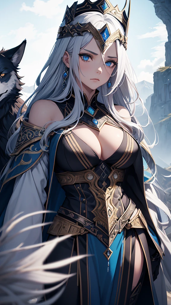 Create an illustration of Odin from Norse mythology reimagined as a beautiful girl. This female Odin should embody elegance and power. She has strikingly beautiful, sharp, regal features with high cheekbones, a delicate nose, and full lips. She has one piercing icy blue or silver eye radiating wisdom and authority, and her other eye is covered with a patch or hidden by her hair, symbolizing the eye Odin sacrificed for wisdom. Her long, flowing hair is either silver or golden, cascading down her back with a slightly wild, untamed look.
She wears a combination of Norse warrior and royal attire, including a long, flowing cloak, fur accents, and intricate armor with runic engravings. The colors of her outfit are rich and regal, such as deep blues, blacks, and metallic gold or silver. She wears a crown or circlet reflecting her status as the All-Father, with intricate designs possibly incorporating raven or wolf motifs. She holds an elegantly designed spear, Gungnir, with confidence.
The background is a grand, mystical setting reflecting Asgard, including elements like the Yggdrasil tree glowing with ethereal light. The sky is a twilight mix of purples and blues, with the Bifrost bridge visible in the distance. Her two ravens, Huginn and Muninn, are perched on her shoulders or flying nearby, adding a sense of movement and life to the illustration. Her wolves, Geri and Freki, stand by her side, looking majestic and protective.
The overall atmosphere is mystical and awe-inspiring, with a sense of ancient wisdom and power. The lighting is dramatic, with highlights and shadows accentuating her features and attire.
