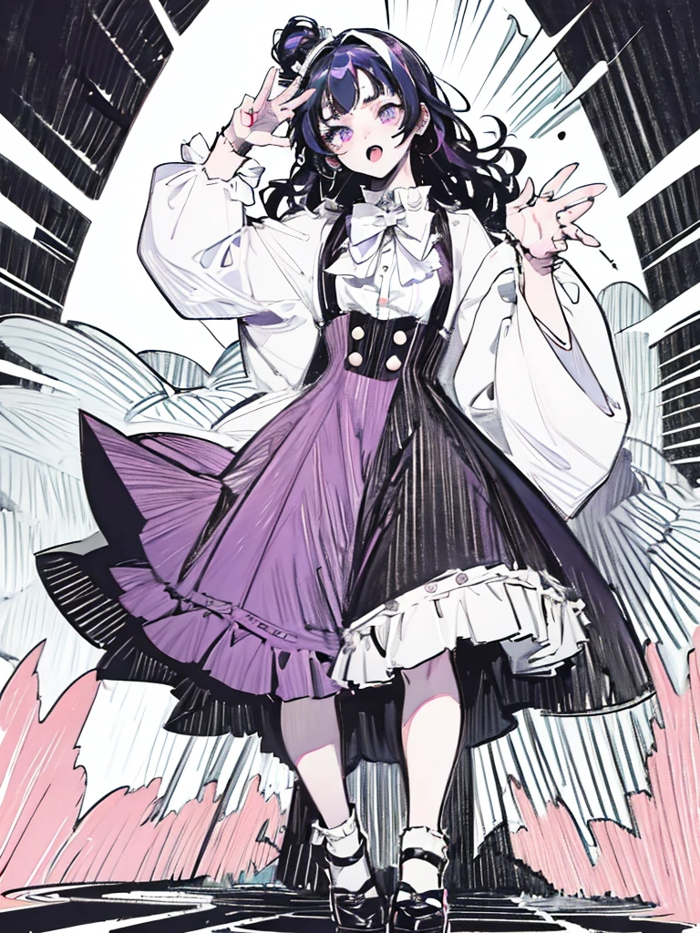 A 20-year-old Japanese girl with long purple hair and one purple eye and one black eye. She plays in a rock band and usually wears black-pink **** dresses. She has pale skin