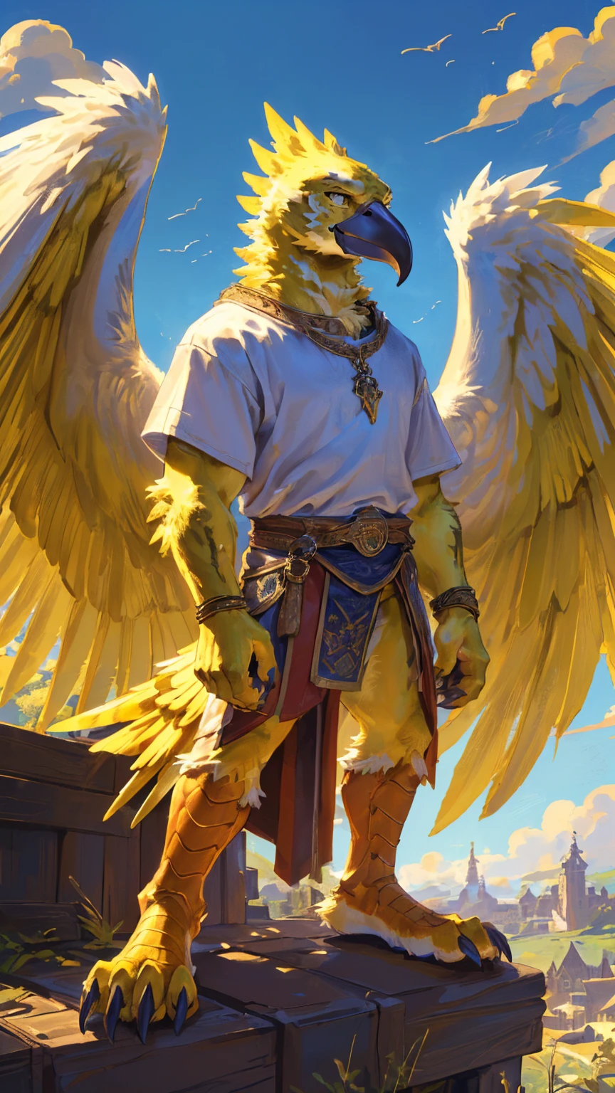 ((middle Ages:1.3)),【Sky background:1.6】,(Royal Family:1.2),((sunny:1.4)),high resolution,4K,【9:16 Whole body:1.1,posture:1.5】,masterpiece,high quality,((Griffin)),male,Furry,(teenager:1.3),hairy,((Fierce and vicious:1.4)),(((,Lean:1.2,Big Wings:1.3,Bird paws:1.3))),(((White upper body:1.4))),(((White Wings:1.3))),(((Yellow pupil:1.2))),(((Yellow bird claws:1.3))),(((Lower Body:1.3))),((No shirt,No underwear)),Exquisite eyes,Detailed body,Detailed claws,Detailed feet,Kenket's Art