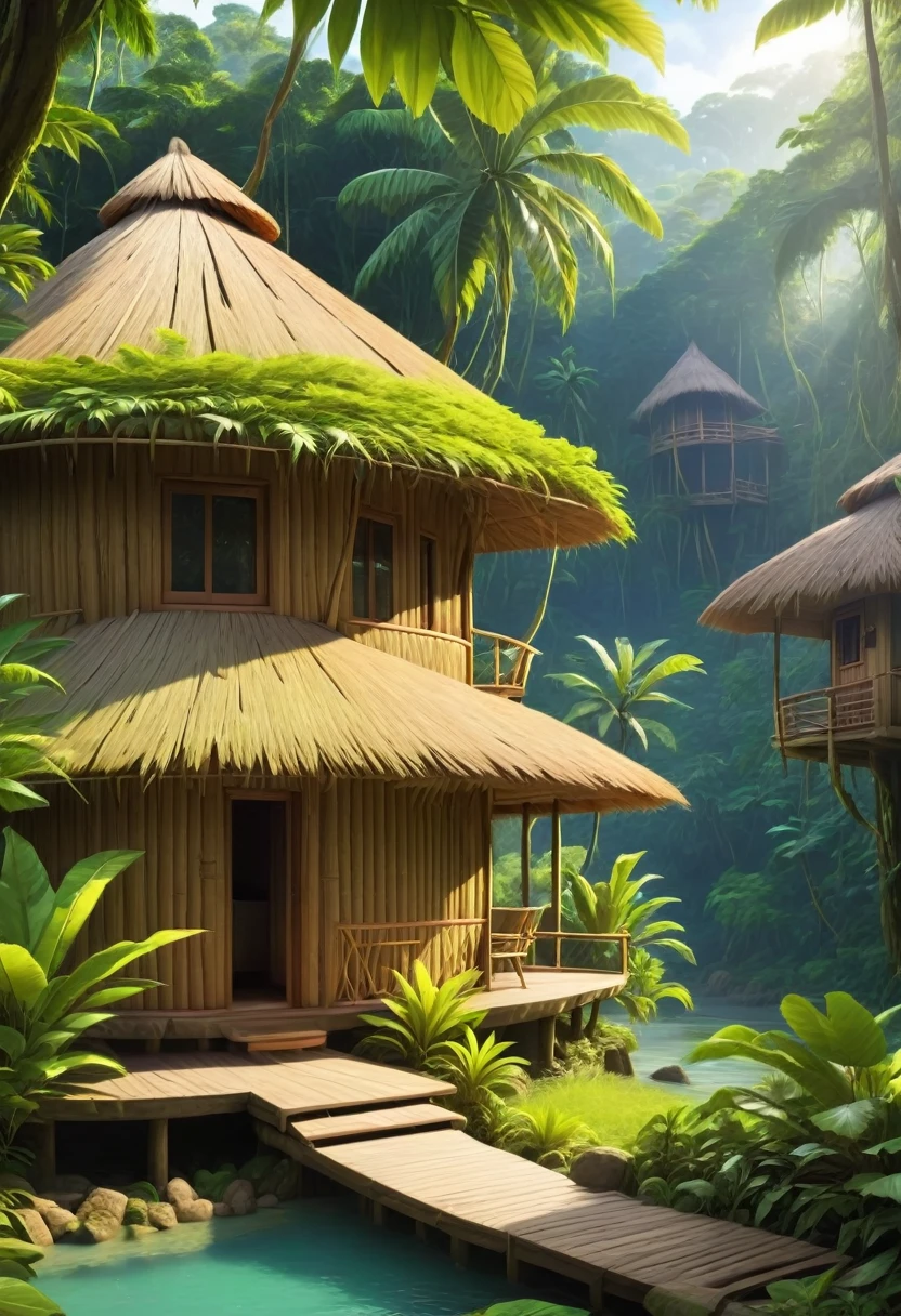 Side view, beautiful landscape view, Rainforest capsule cottages inspired by straws on the middle of rainforest, ,tradisional architecture, daylight, photography view,