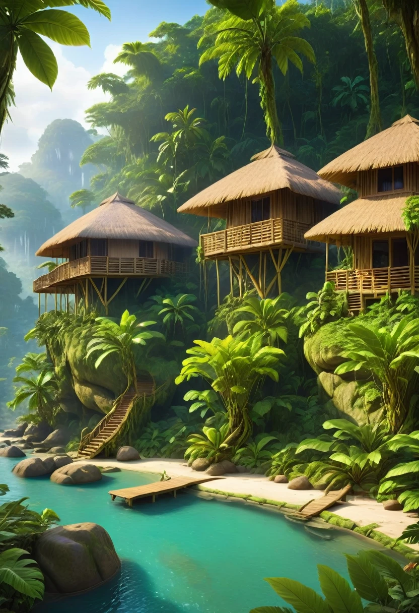 Side view, beautiful landscape view, Rainforest capsule cottages inspired by straws on the middle of rainforest, ,tradisional architecture, daylight, photography view,