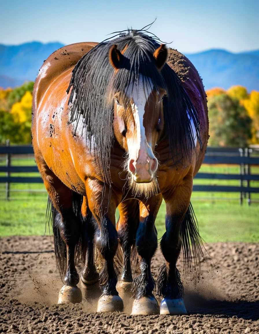 full rear view of large draft horse stallion with lumps of horse dung oozing out of a big bum