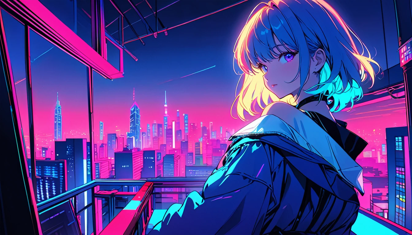 masterpiece,Highest quality,1 Synthwave girl,Blue outline,Neon cityscape,Blue fluorescent paint,solo,From below,Cowboy Shot,Rooftop of a building,Highly detailed CG,Flat Color,Limited palette,Line art,silhouette,Partially colored,Alternate Color,Dynamic Angle,Mizuga Short Bob、Blue long upper champagne,Dark purple shadow,Synth Wave,chromatic aberration,(soloフォーカス)、Perfect Shadow、Wearing an off-the-shoulder floating jacket、Delicate face、、Beautiful and delicate eyes、Delicate background、Blue Neon Light、night、