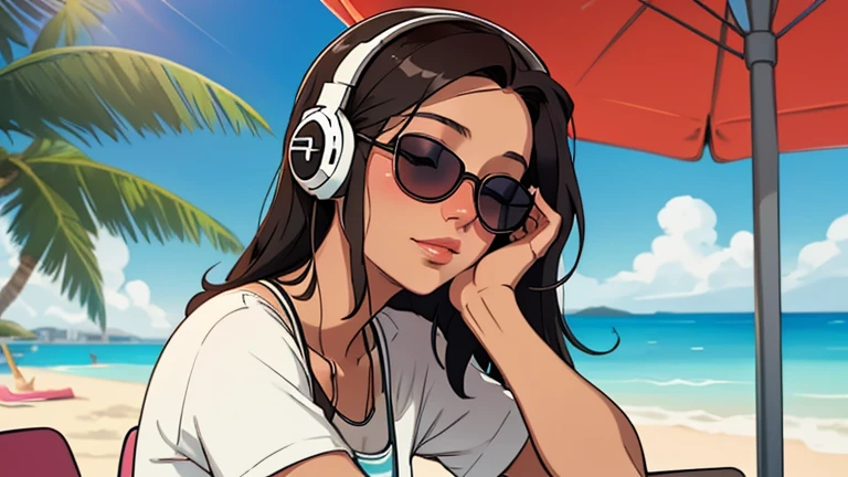 A beautiful woman in her 30s with dark hair sitting on the beach in a resort wearing headphones and sunglasses. She is alone. Looking down, eyes closed, LOFI girl, relaxed atmosphere, cozy, only five fingers, Paris city, well-proportioned face, beautiful female fingers,