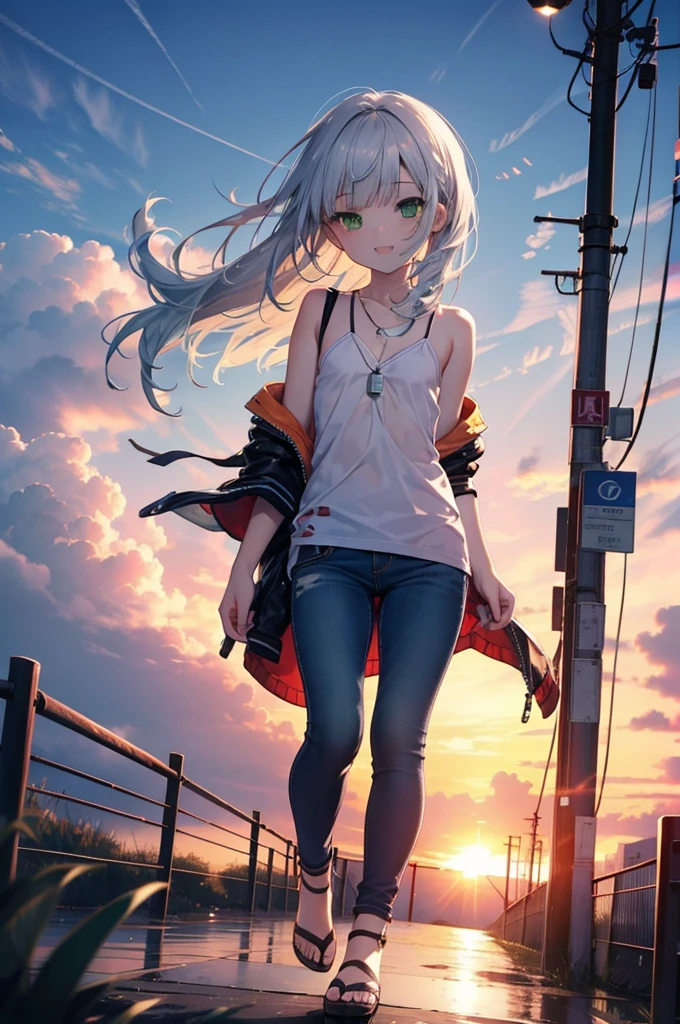 index, index, (Green Eyes:1.5), Silver Hair, Long Hair, (Flat Chest:1.2)happy smile, smile, Open your mouth,V-neck tank top,Skinny jeans,Cute Sandals,Rocket Pendant,walking,sunset,evening,The sun goes down,whole bodyがイラストに入るように,
break looking at viewer, whole body,
break outdoors, Area,
break (masterpiece:1.2), Highest quality, High resolution, unity 8k wallpaper, (shape:0.8), (Beautiful attention to detail:1.6), Highly detailed face, Perfect lighting, Highly detailed CG, (Perfect hands, Perfect Anatomy),