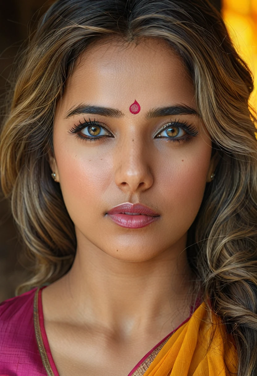 "(best quality,highres), Indian woman at temple, wearing sari, beautiful detailed eyes and lips, long eyelashes, realistic rendering, vibrant hues, high resolution, ultra-detailed, realistic rendering, high-resolution masterpiece, ", (woman's appearance is curved and attractive),