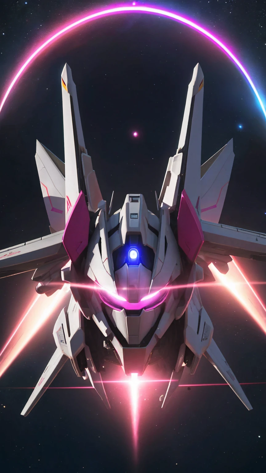 universe space、Pink light effect、Strike Freedom、front、universe spaceに浮いている、(The entire aircraft is contained within a round light.)、