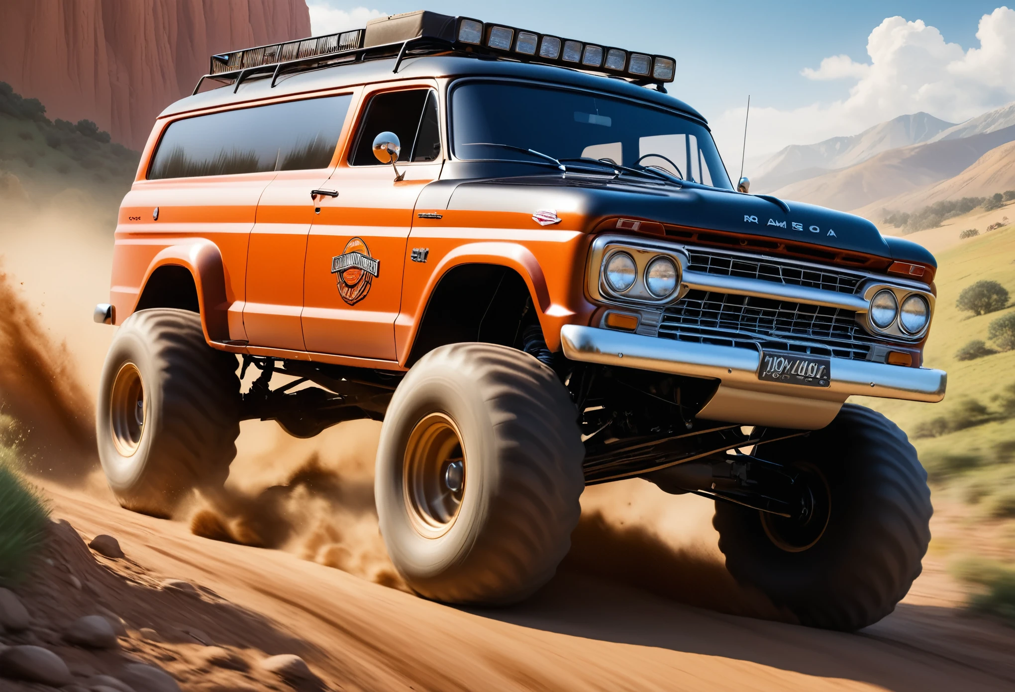 (masterpiece:1.2),(Highest quality),(Very detailed:1.3),(High resolution),8K,wallpaper,An off-road car is racing down a rough road,((Depicting a sense of speed)),front,(Black 1950s American panel van),(Dynamic driving of off-road cars:1.3),(Jump),(cool illustration:1.2),Radio-controlled box art,Tamiya Style,(Detailed car depictions:1.2),(A depiction of one off-road vehicle:1.5)