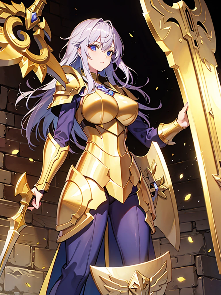 Paladin,beautiful breasts,holding shield,spear,Hair Color is gold, high Quality,best quality