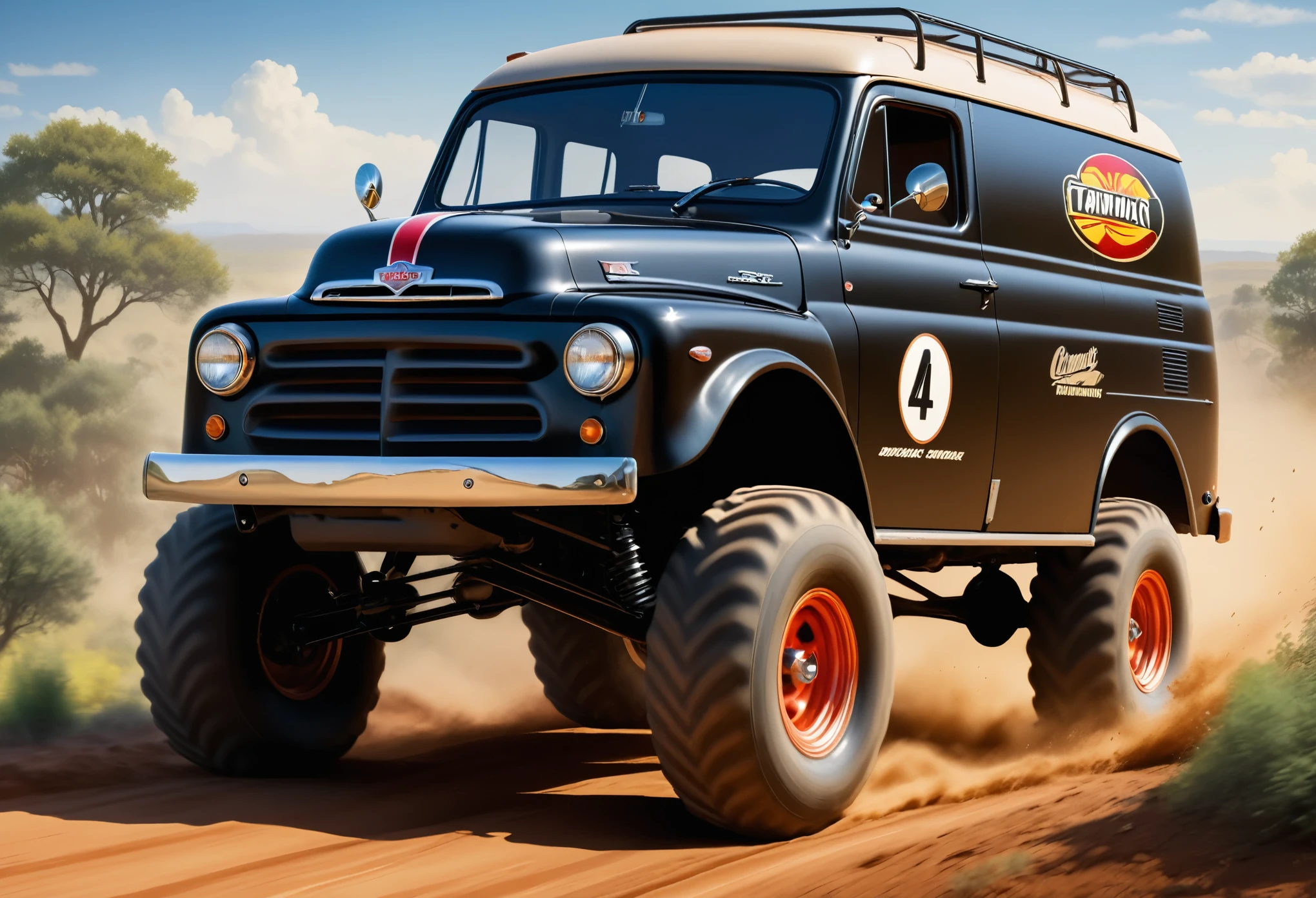(masterpiece:1.2),(Highest quality),(Very detailed:1.3),(High resolution),8K,wallpaper,An off-road car is racing down a rough road,((Depicting a sense of speed)),front,(Black 1950s American panel van),(Dynamic driving of off-road cars:1.3),(Jump),(cool illustration:1.2),Radio-controlled box art,Tamiya Style,(Detailed car depictions:1.2),(A depiction of one off-road vehicle:1.5)