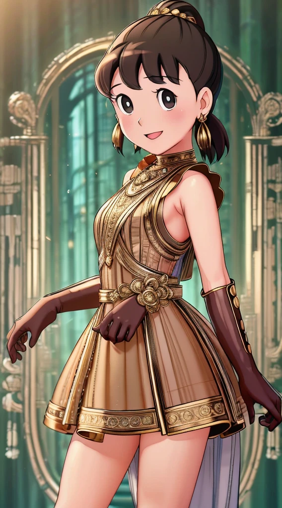 ((masterpiece,best quality)), 4k, highres, 1girl, solo, smile, brown dress, (perfumer outfit2:1.2),