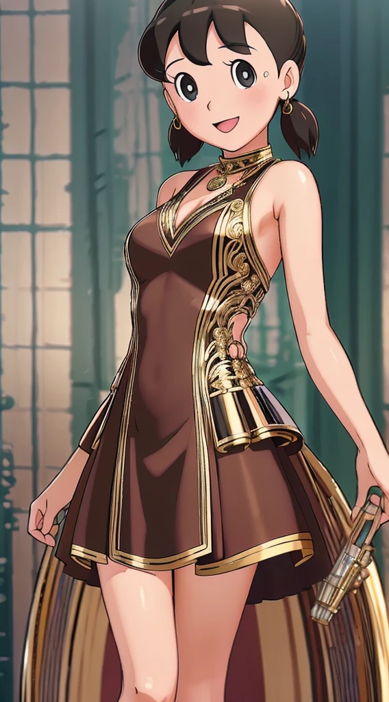 ((masterpiece,best quality)), 4k, highres, 1girl, solo, smile, brown dress, (perfumer outfit2:1.2),