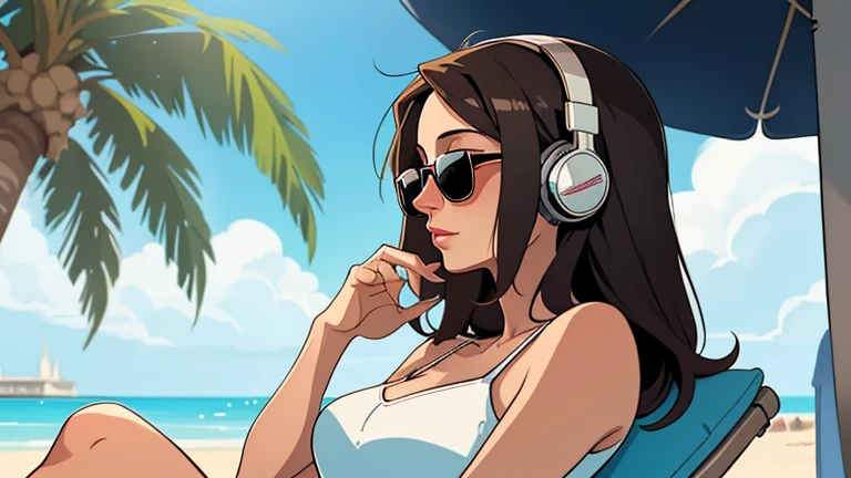 A beautiful woman in her 30s with dark hair sitting on the beach in a resort wearing headphones and sunglasses. She is alone. Looking down, eyes closed, LOFI girl, relaxed atmosphere, cozy, only five fingers, Paris city, well-proportioned face, beautiful female fingers,