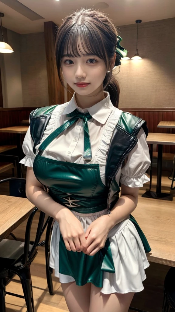 masterpiece, best quality, illustration, Super detailed, fine details, High resolution, 8K,wall paper, perfect dynamic composition, front view, close up, 18 year old girl, Gravure Idol, cute type, (Details High quality, realistic depiction of eyes:1.3), revealing clothes, low ponytail, bangs, black hair color, Dark makeup, Big Natural Color Lip, Emphasize the size of the breast, sexy body, perfect body shape, plump figure, (huge breasts:1.1), Black leather jacket, BREAK (fusion of dirndl and short sleeve white collared-shirt with neck ribbon:1.4), ((A-line, underboobs, puff sleeves):1.3), ((deep-green Pinafore):1.3), thighs skin, Restaurant, Serving customers inside the restaurant.